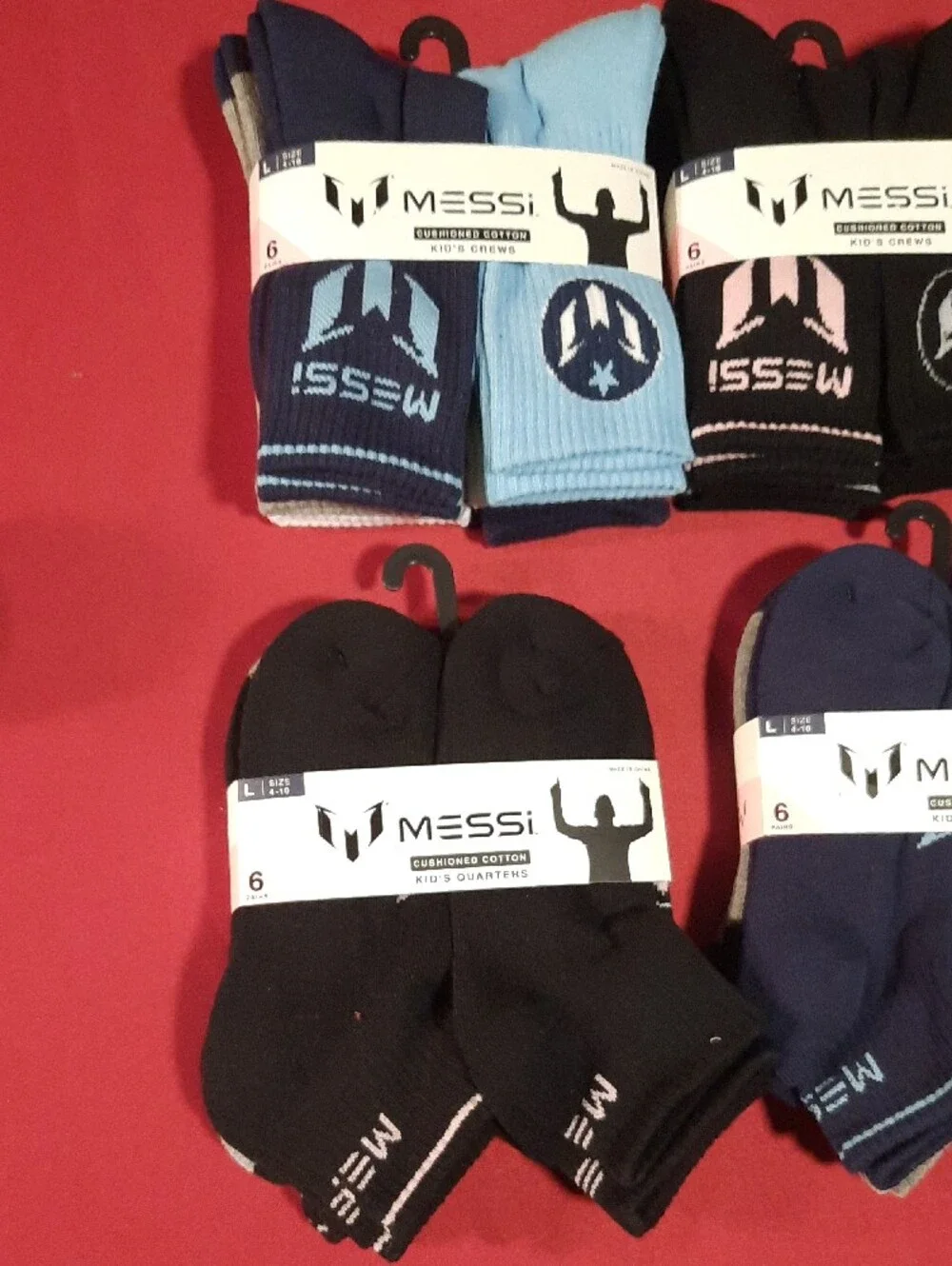 MESSI Kids Cushioned Socks 4 Packs Of 6 Pairs- 24 Pair Black, Navy, Light Blue